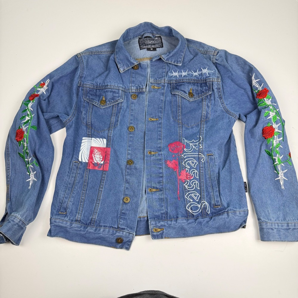 Brooklyn Cloth Denim Jacket Medium Wash Embroidered Rose Barbed Wire Blessed M